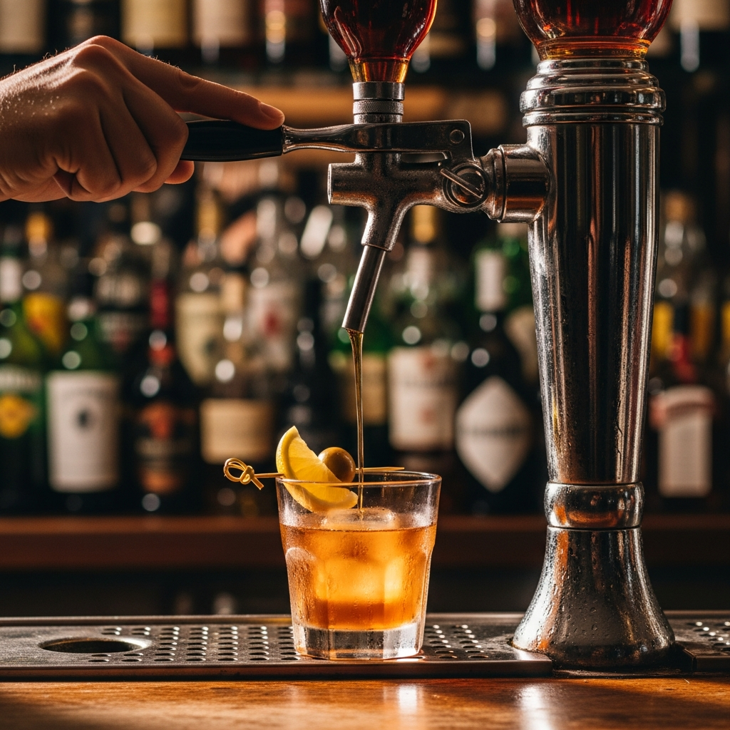 Spanish vermouth on tap at a classic Madrid bar, golden afternoon light, condensation on glass, bokeh background of bottles