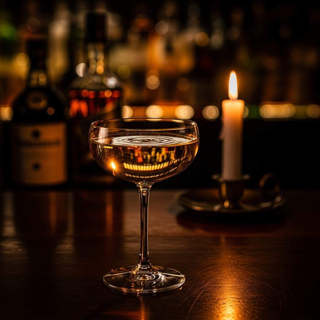 classic golden cocktail in vintage coupe glass, dark dramatic bar background, candlelight, cinematic