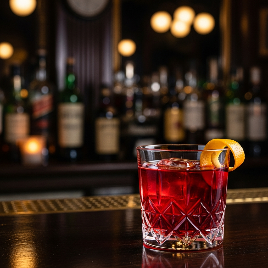 elegant deep red cocktail in crystal glass, dark moody bar, Spanish bar atmosphere, shallow depth of field