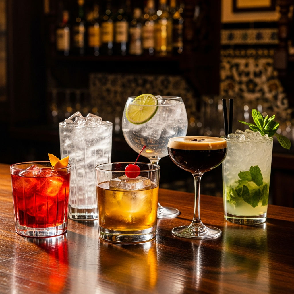 Array of craft cocktails on a dark wooden bar, dramatic lighting, Spanish bar atmosphere, warm amber tones
