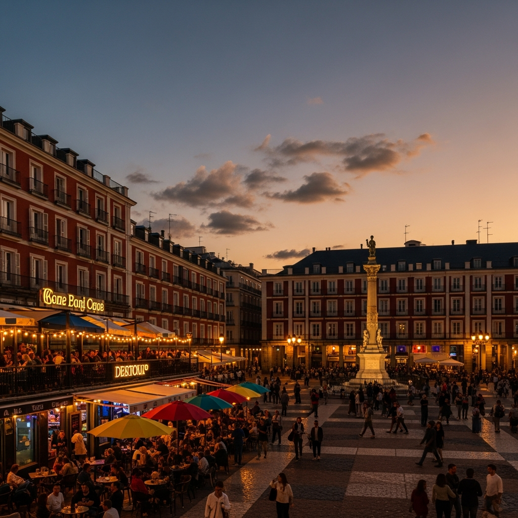 Plaza del Dos de Mayo Madrid at dusk, warm golden hour light, terrace bar seating, atmospheric Spanish plaza