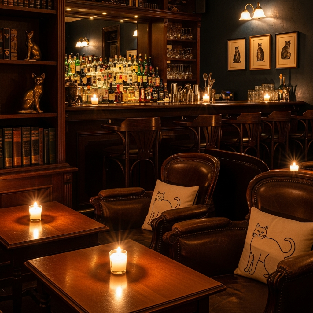intimate dark Madrid cocktail bar at night, warm candlelight, vintage decor, cat motif details, nobody in frame, atmospheric