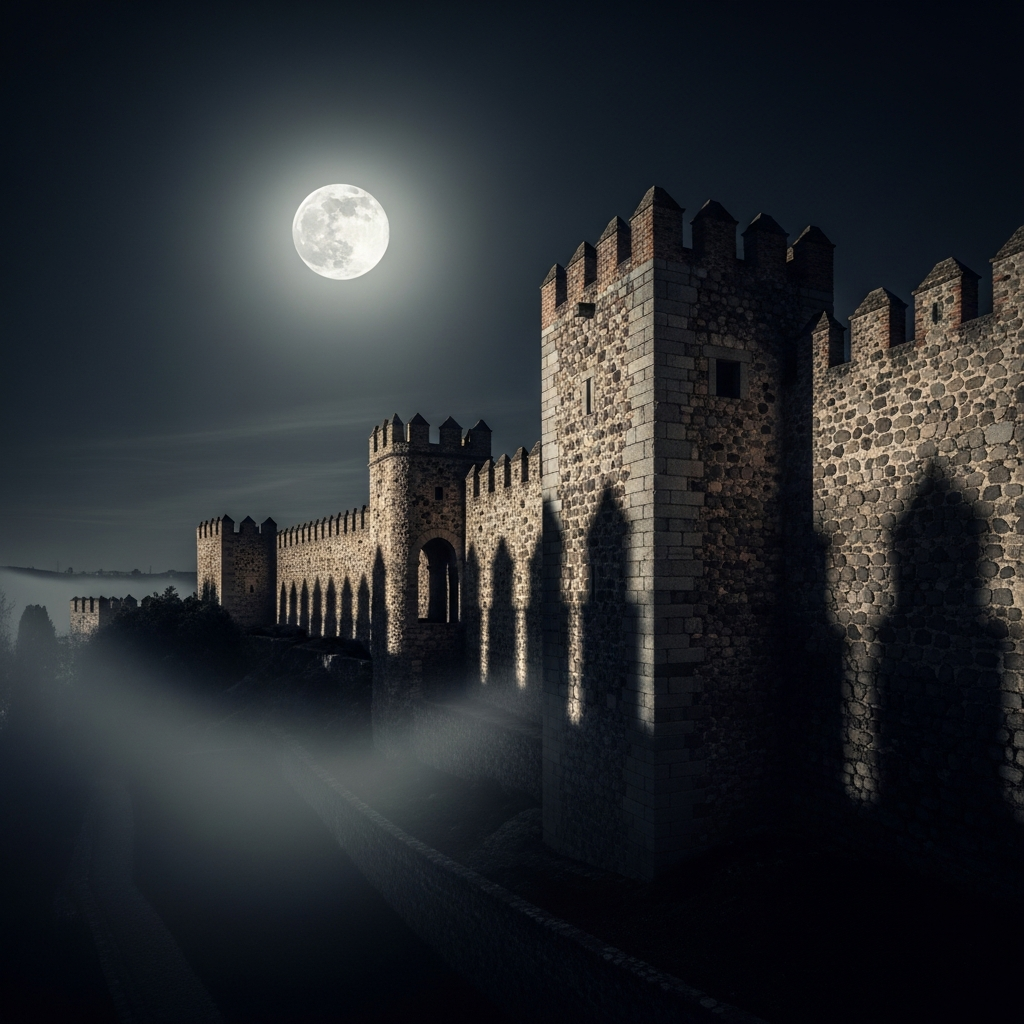 medieval Madrid stone wall at night, moonlight, dramatic shadows, ancient architecture, atmospheric mist, cinematic
