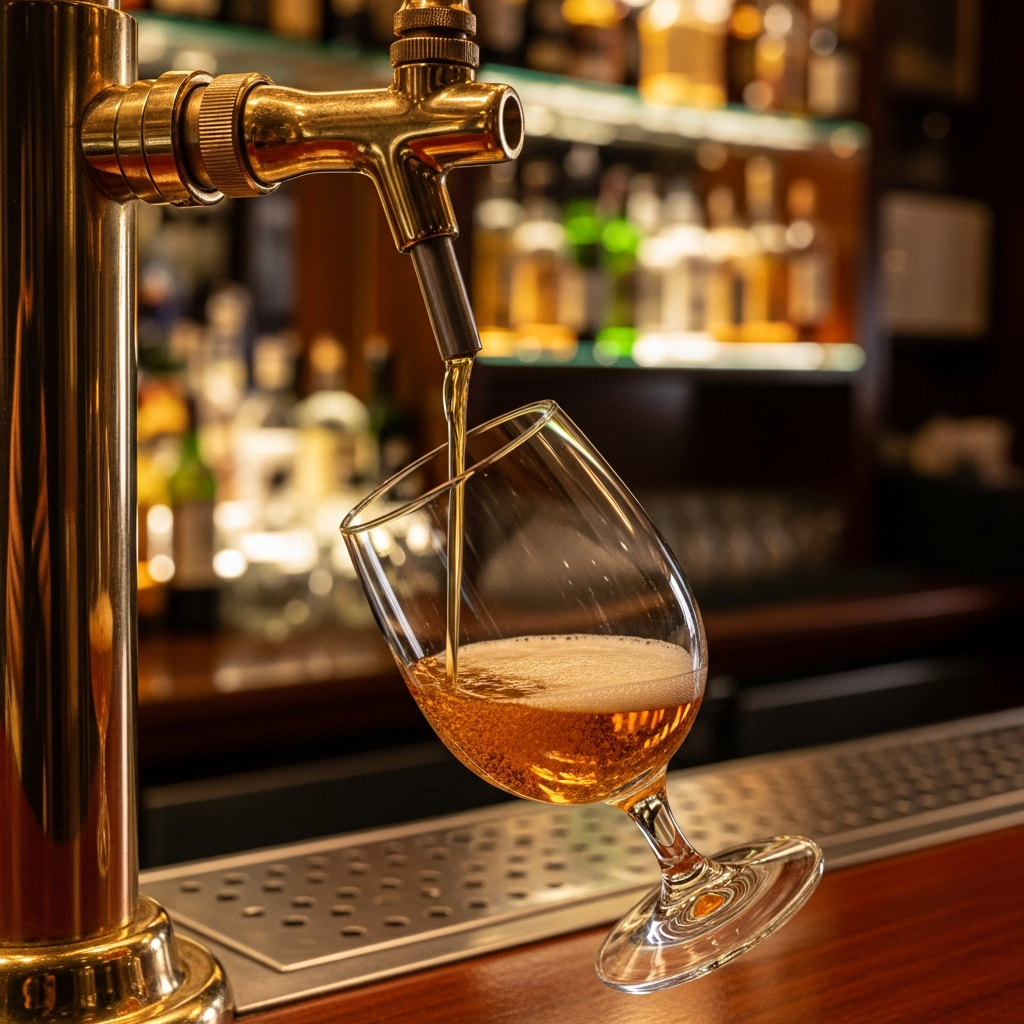 Vermouth poured from tap into traditional Spanish glass, golden liquid, classic bar setting, warm light